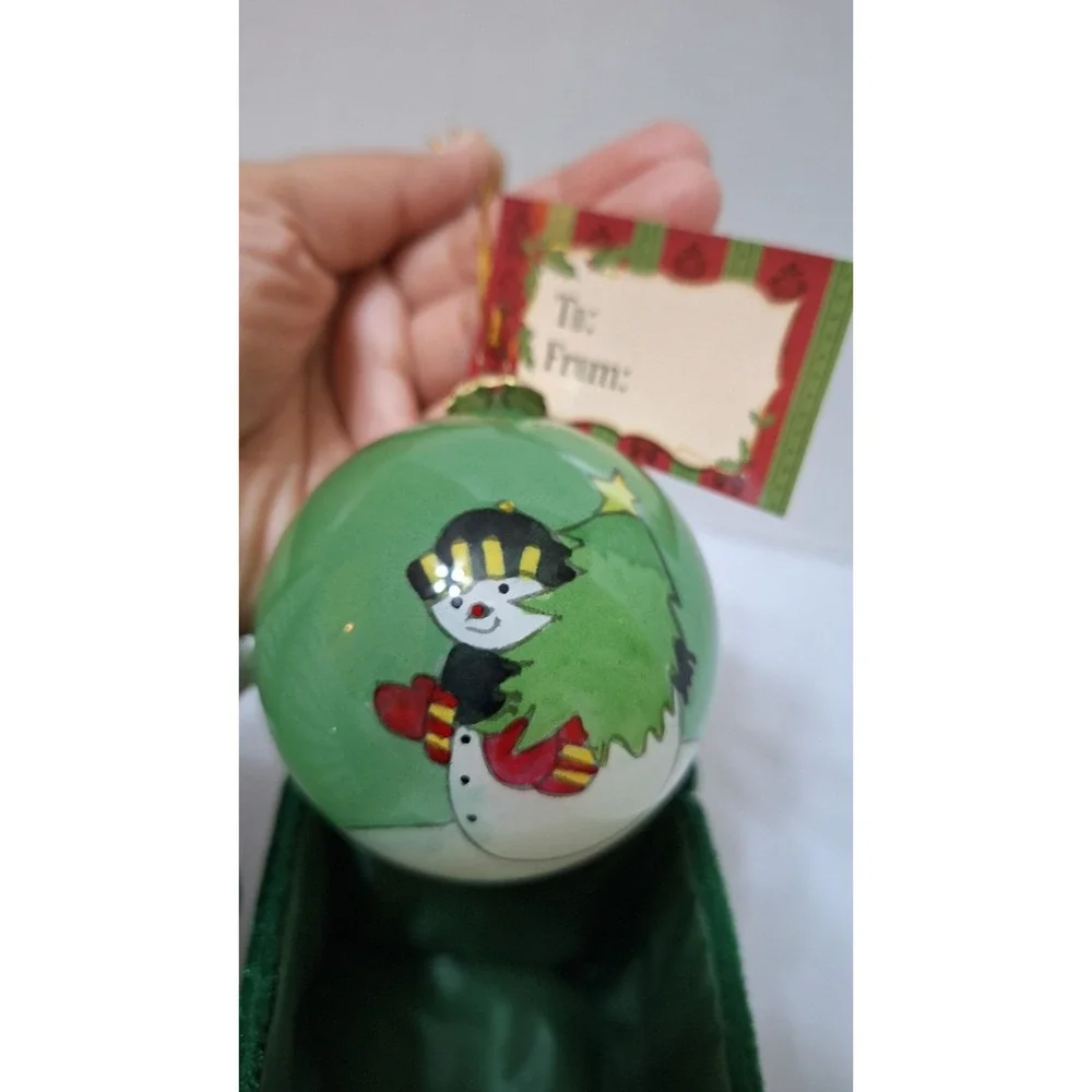 Lot of 2 Vintage Hand Painted Glass Ball Holiday Christmas Ornament Snowman Tree